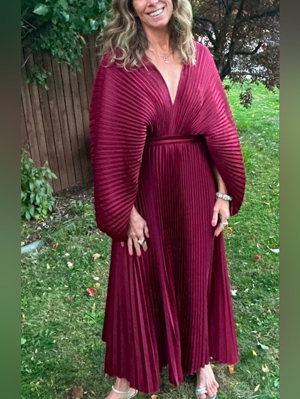 ACLER Red Pleated Wonastow Long Sleeve Draped Open Back Evening Maxi Dress - Picture 7 of 15